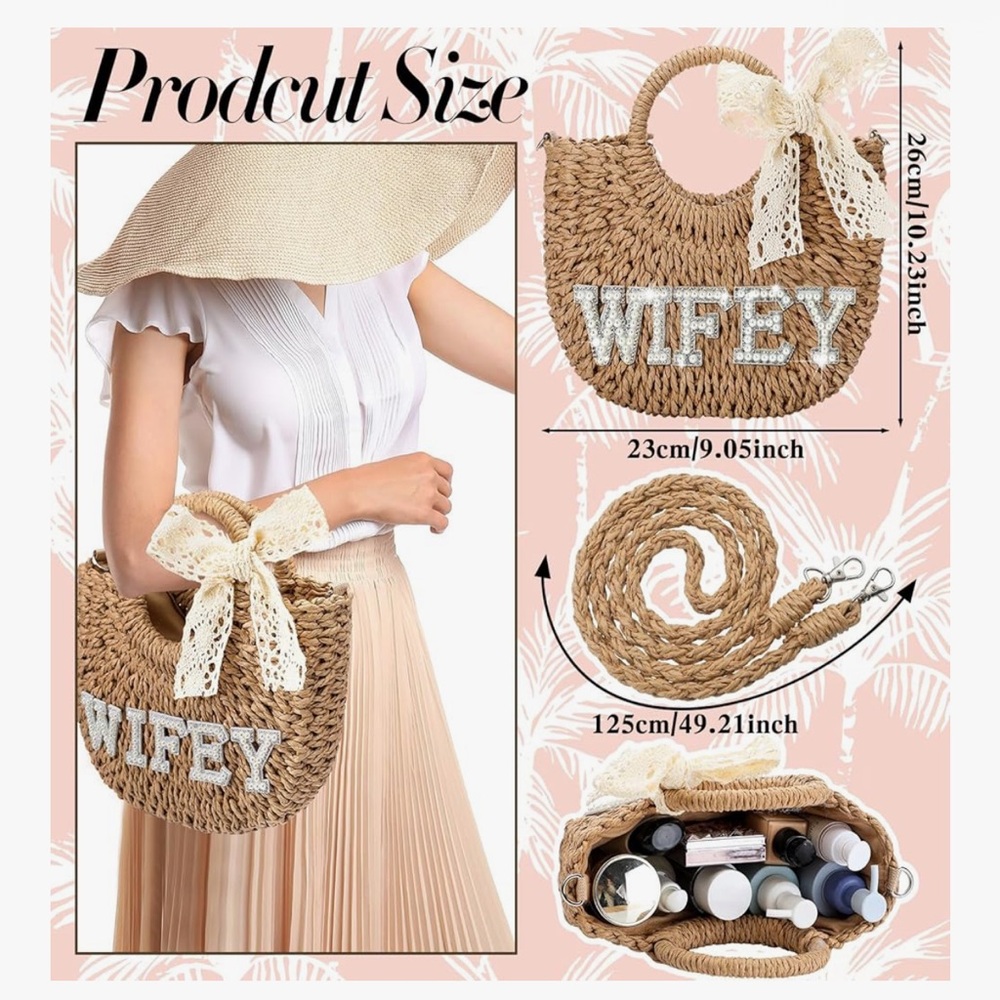 Straw Wifey Bag with Lace Bow - Picture 3 of 5